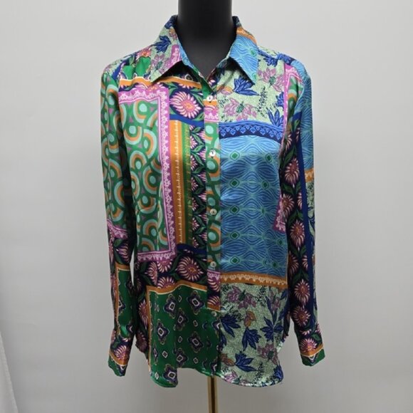 Rachel Zoe Green and Blue Casual Button Down Shirt Button Front Size Medium - Picture 1 of 11